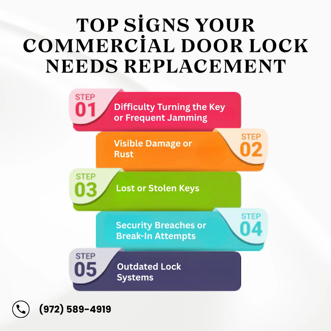 signs a commercial door lock needs replacement: key jamming, visible rust, lost keys, security breaches, and outdated lock systems.