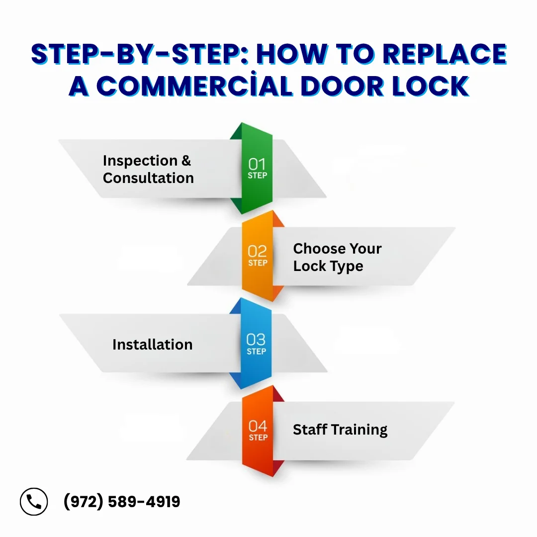 steps to replace a commercial door lock: inspection and consultation, choosing a lock type, installation, and staff training.