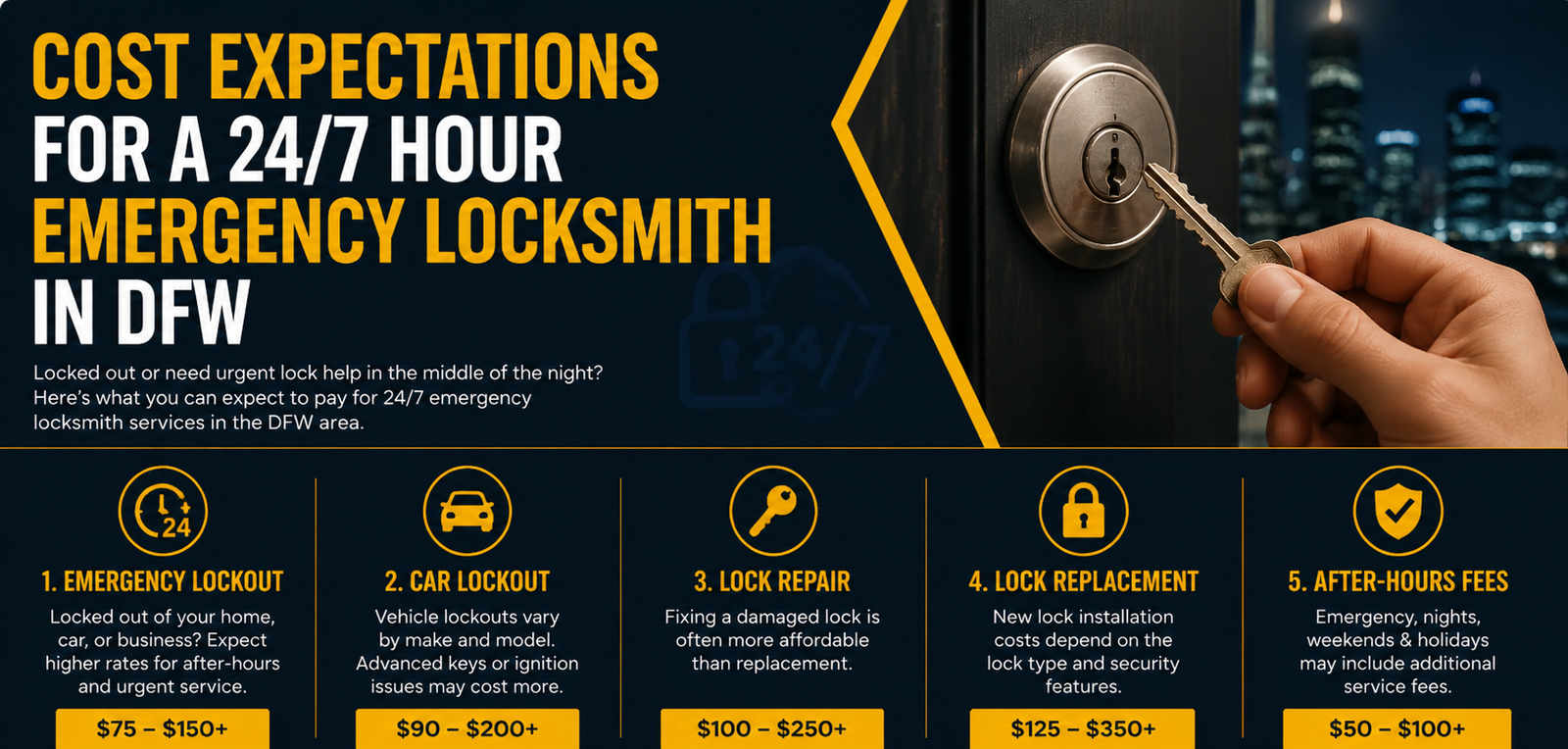 Cost Expectations for a 24/7 Hour Emergency Locksmith in DFW