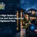 The High Stakes of Home and Auto Security in Highland Park, featuring a modern home, smart door lock, luxury car, and key fob against a dark blue blueprint background.